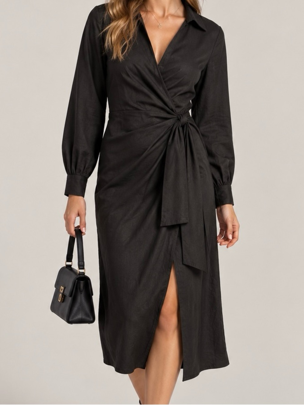 Magaschoni Black Wrap Midi Dress with Side Knot